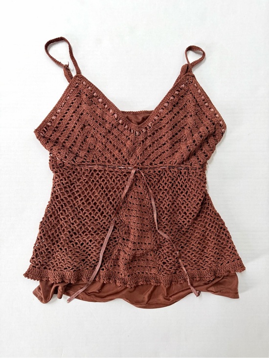 Faded Glory Tops - Vintage Chocolate Brown Crochet Cami Tank Top — Silk Blend Boho Fairy S/M